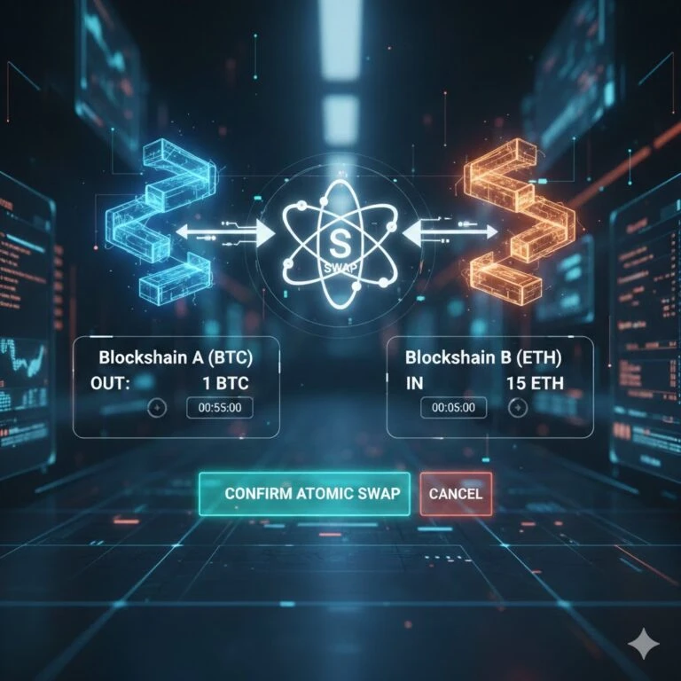 Representación visual de un atomic swap cripto mostrando el intercambio directo de activos entre diferentes blockchains con contratos inteligentes