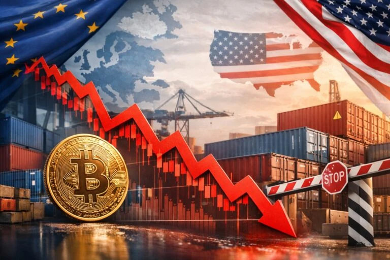 Gráfico con caída de Bitcoin y tensión comercial reflejada en indicadores de mercado global, por aranceles Trump Bitcoin