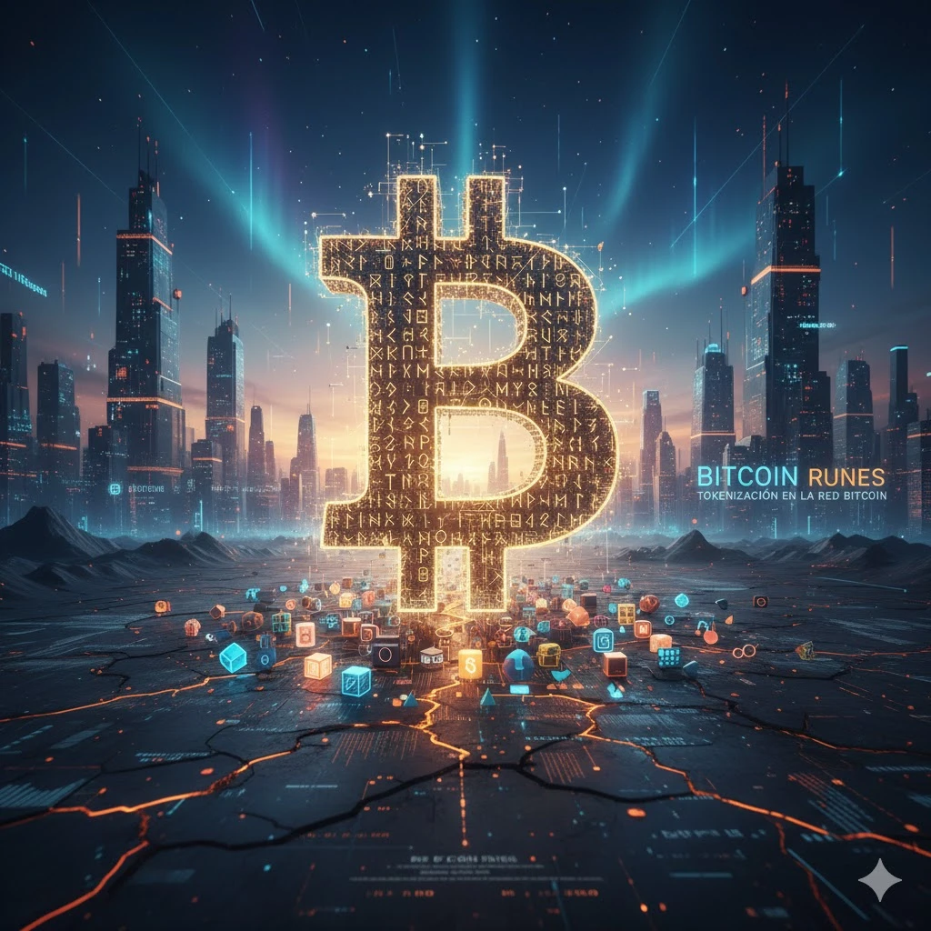 Bitcoin Runes mostrando la creación de tokens fungibles directamente sobre la blockchain de Bitcoin mediante el modelo UTXO