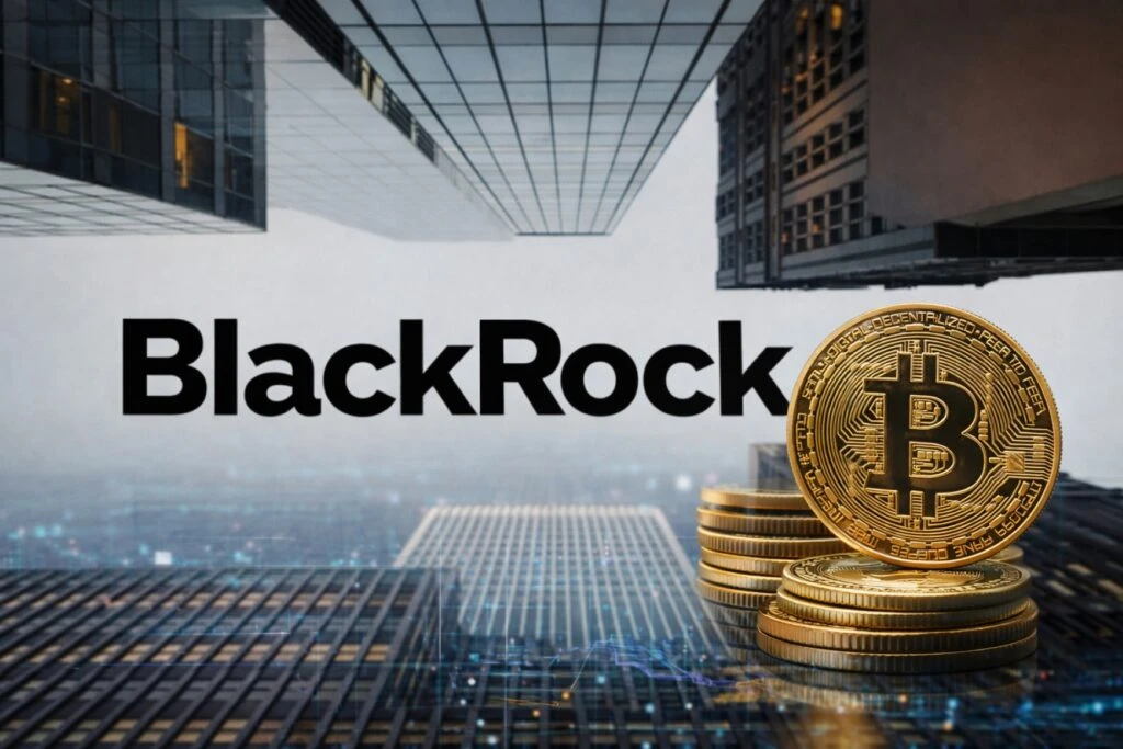 Visual de bitcoin y elementos tokenizados sobre gráficos bursátiles, representando las tendencias de BlackRock hacia 2026