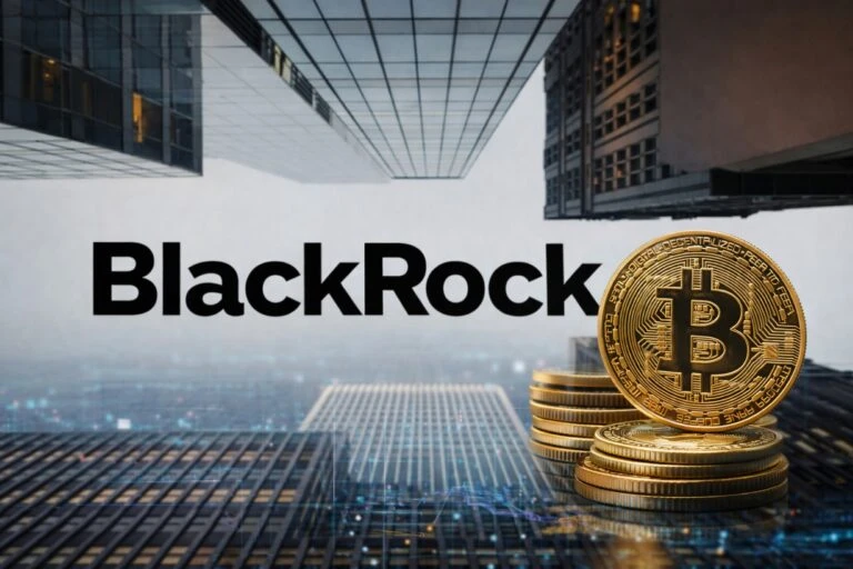 Visual de bitcoin y elementos tokenizados sobre gráficos bursátiles, representando las tendencias de BlackRock hacia 2026
