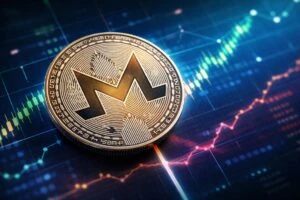 Imagen de gráfico en alza y símbolo de Monero en contexto digital enfocado en privacidad cripto