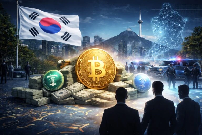 Ilustración editorial sobre Corea del Sur y lavado de criptomonedas, con íconos digitales y enfoque en investigación financiera