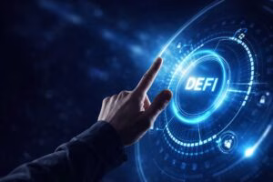 Representación visual de una campaña política en EE. UU. contra plataformas DeFi, con tono legal y financiero