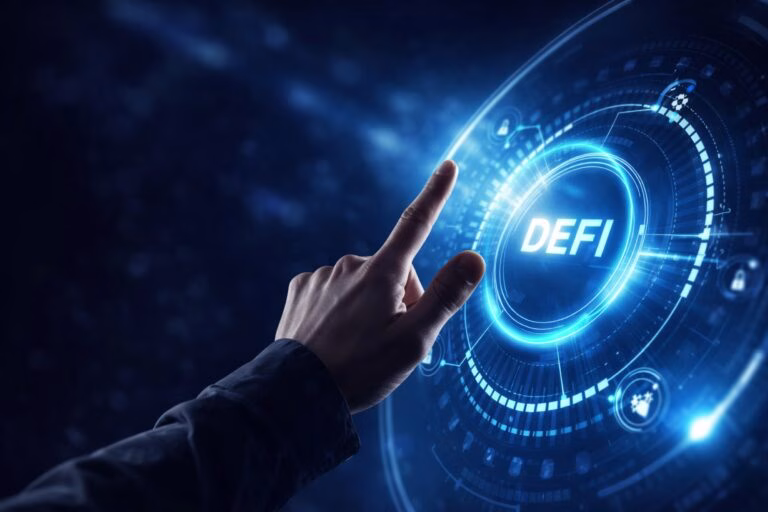 Representación visual de una campaña política en EE. UU. contra plataformas DeFi, con tono legal y financiero