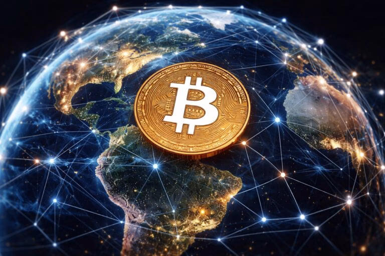 Gráfico de Bitcoin al alza y símbolos de cripto con íconos de regulación fiscal DIAN Colombia