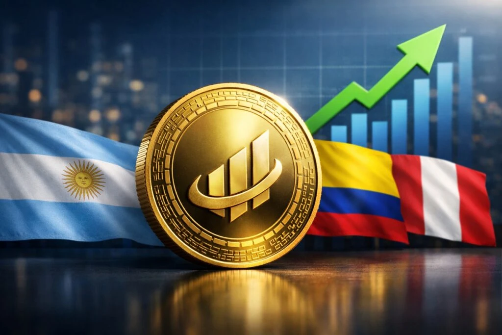 Imagen de una criptomoneda emergente en ascenso con gráficos de crecimiento y banderas de países de Latinoamérica