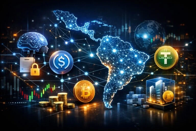Mapa de América Latina con visuales de stablecoins y tecnología blockchain en entorno financiero cripto para 2026