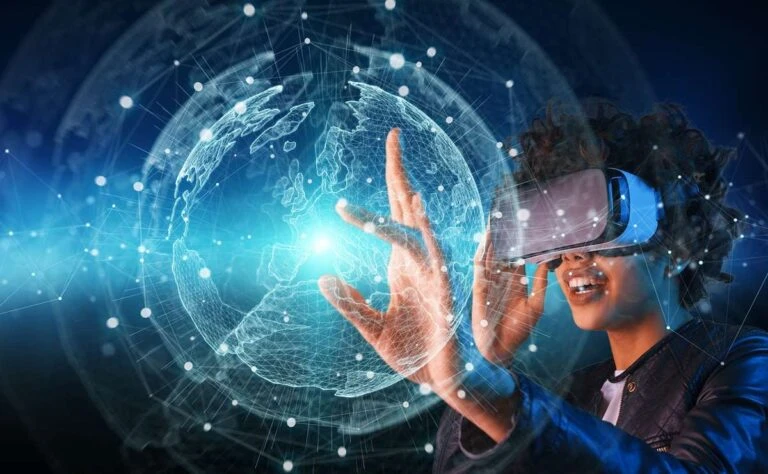 Instalación de arte digital en galería contemporánea que refleja el arte digital futuro con experiencias inmersivas y curaduría profesional.