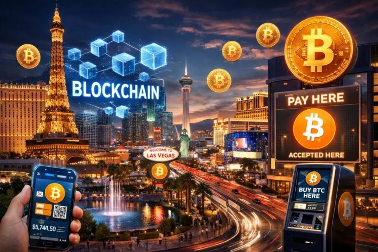 Vista moderna de Las Vegas con referencias a blockchain y pagos con Bitcoin