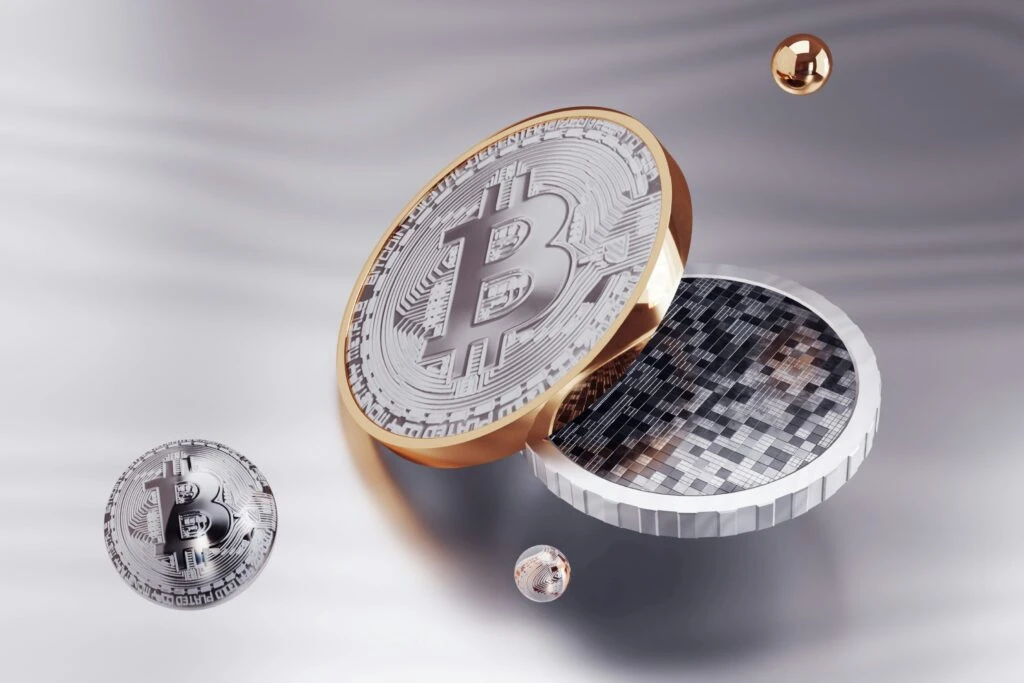 Representación moderna de portafolios financieros con bitcoin y activos digitales como inversión en criptomonedas