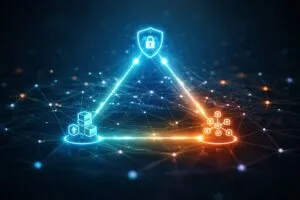 Ilustración de blockchain con nodos interconectados representando seguridad, escalabilidad y descentralización en equilibrio