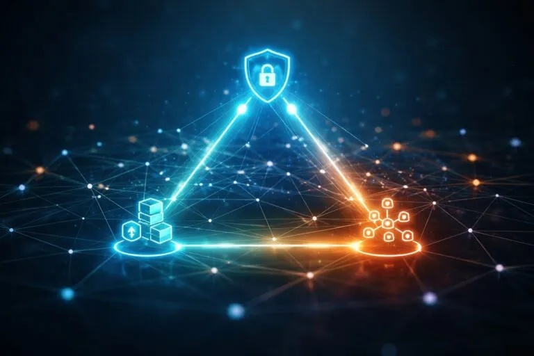 Ilustración de blockchain con nodos interconectados representando seguridad, escalabilidad y descentralización en equilibrio