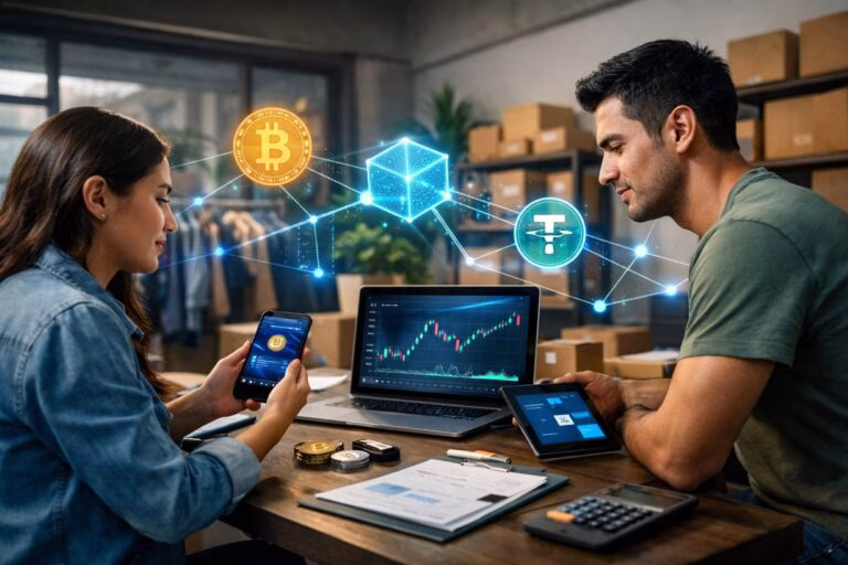 Ilustración de una PYME latinoamericana usando soluciones cripto para pagos globales y gestión de tesorería