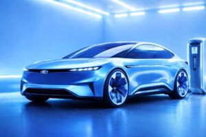 Vehículo eléctrico Ford en estación de carga haciendo pagos cripto automáticos con tecnología blockchain