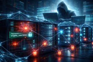 Visualización de una botnet atacando servidores Linux de proyectos blockchain con credenciales débiles generadas por IA