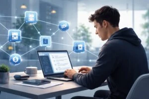 Freelancer tech recibiendo pagos inteligentes mediante contratos en Solana y reputación blockchain on-chain