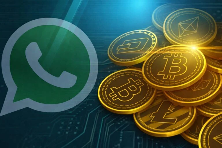 Imagen editorial con logo de WhatsApp y monedas digitales como Bitcoin, Ethereum y Litecoin