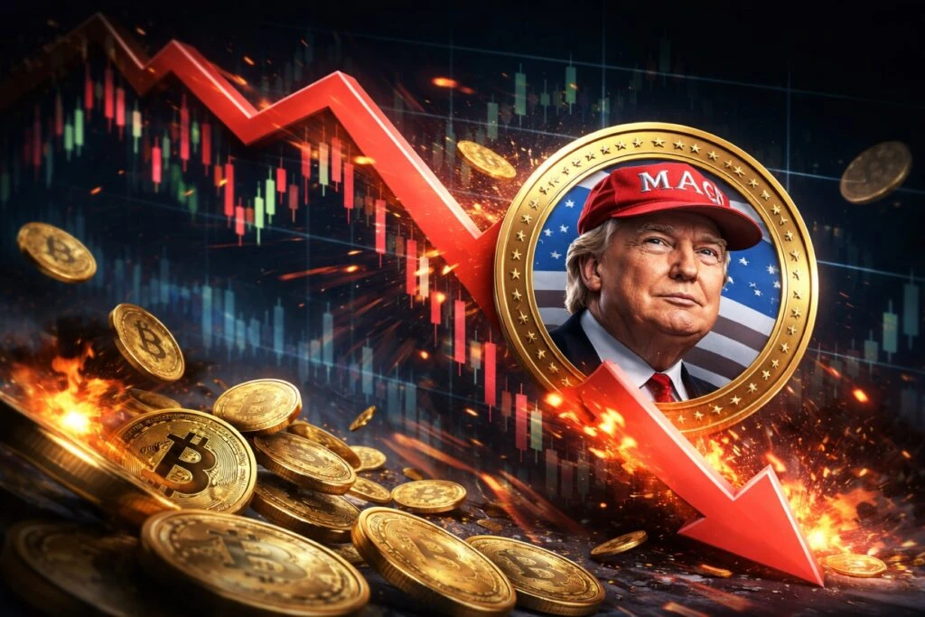 Representación editorial del desplome en el valor de la memecoin de Trump desde su pico histórico en 2025