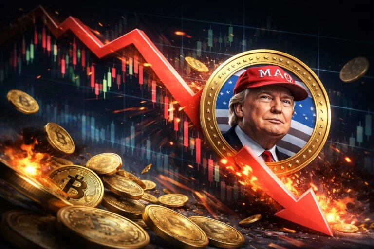 Representación editorial del desplome en el valor de la memecoin de Trump desde su pico histórico en 2025