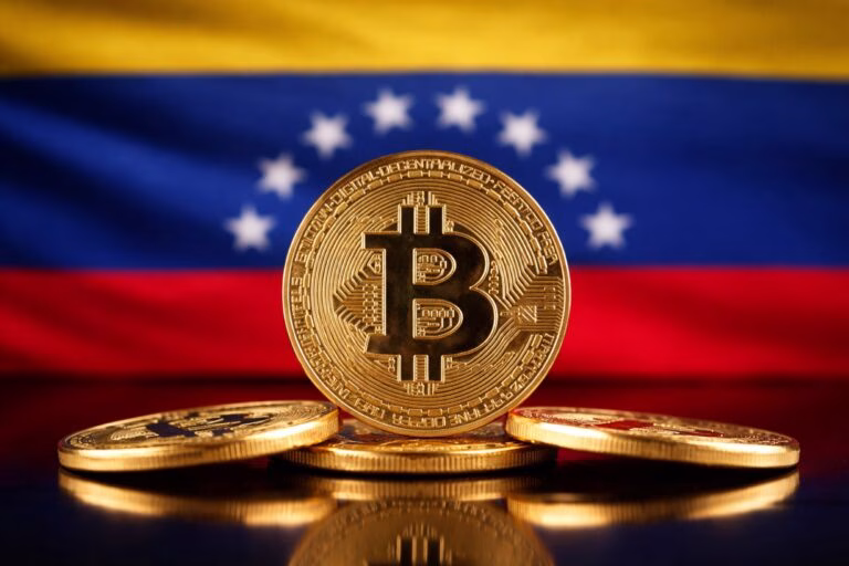 Bitcoin y criptomonedas frente a la bandera de Venezuela, reflejando el declive del mercado cripto por cambios regulatorios