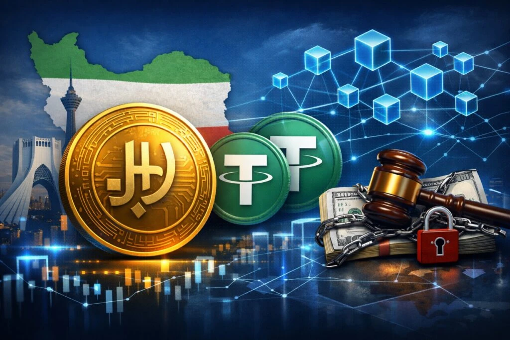 ilustración de criptomonedas en Irán y movimientos en USDT con enfoque regulatorio