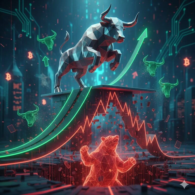 Bull trap cripto ilustrado con un gráfico que muestra una subida falsa de precio seguida por una caída en el mercado de criptomonedas