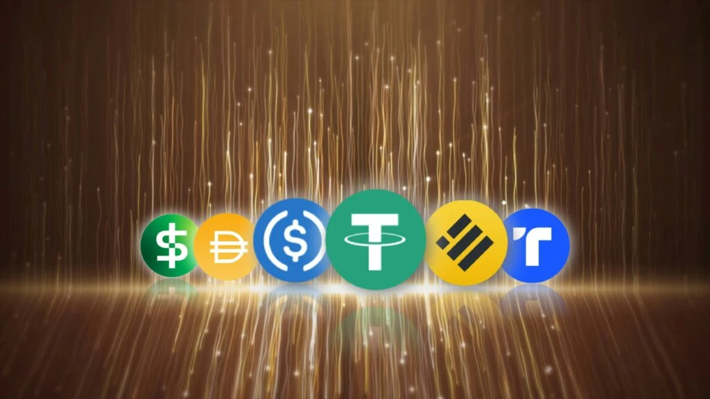 Stablecoin atada simbólicamente a un banco, representando la relación entre monedas digitales y estructuras tradicionales
