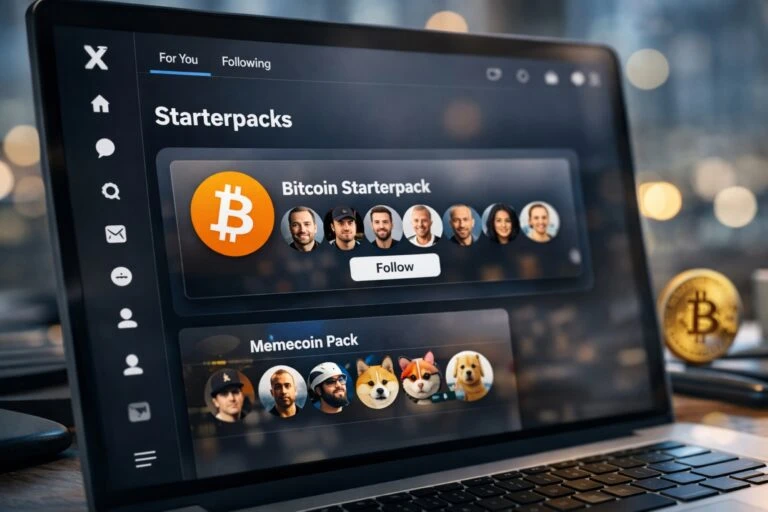 Plataforma X con la función starterpacks mostrando listas de cuentas sobre Bitcoin y criptomonedas