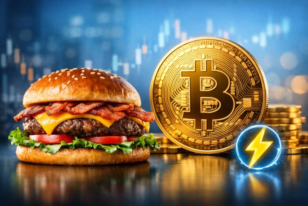 Imagen de hamburguesa junto a símbolo de bitcoin, reflejando la estrategia financiera cripto de Steak ’n Shake