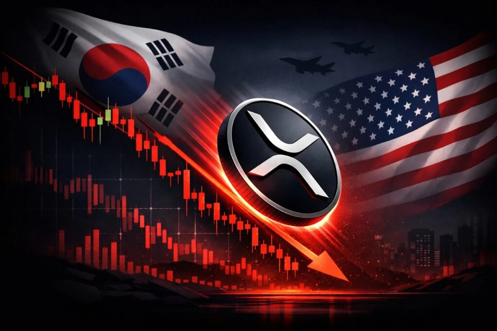 Ilustración del token XRP cayendo en un gráfico de velas, con entorno sombrío y banderas de Corea y EE.UU. de fondo