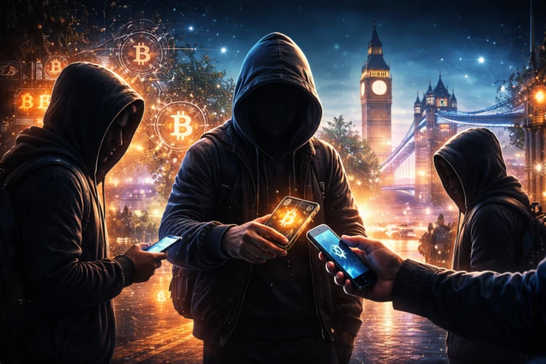 Ilustración editorial de un intento de atraco cripto en Londres con adolescentes, entorno urbano y gráficos digitales de seguridad