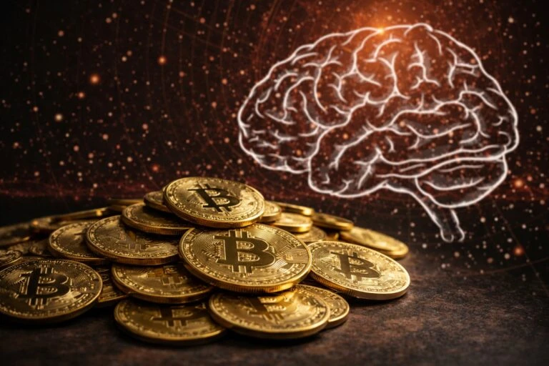 Imagen de monedas de Bitcoin sobre fondo oscuro representando un mercado bajista, asociada al análisis del precio de BTC