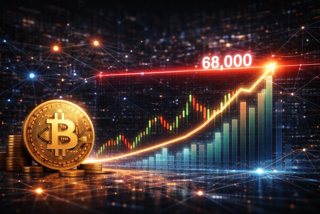 Ilustración hiperrealista con gráfico financiero de Bitcoin mostrando resistencia en 68 000 dólares en entorno tecnológico cripto