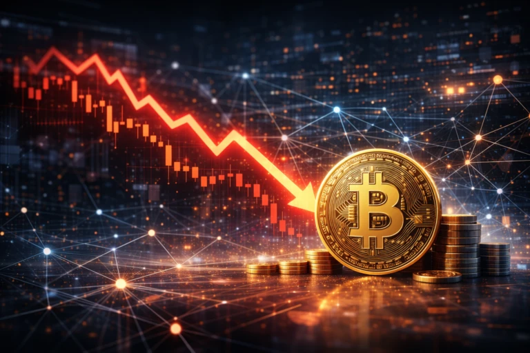 Gráfico financiero descendente de Bitcoin con entorno tecnológico y nodos de blockchain