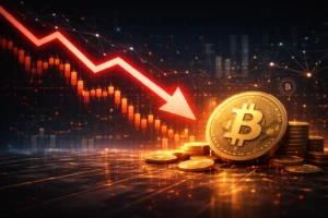 Gráfico financiero descendente que representa la racha bajista de Bitcoin tras cinco meses consecutivos en caída