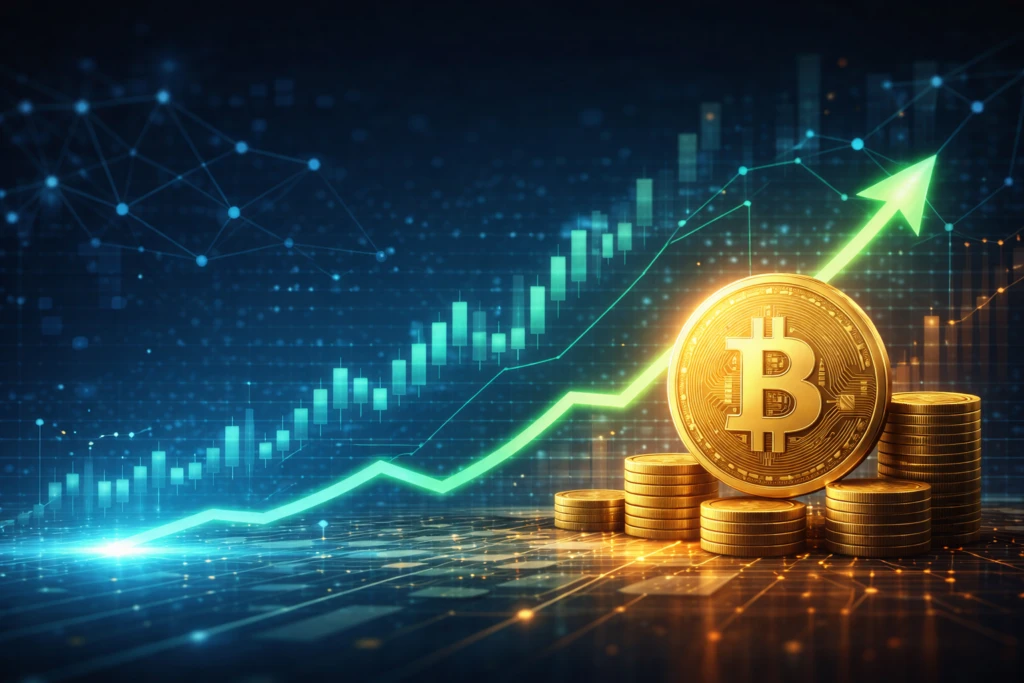 Gráfico financiero ascendente que representa la recuperación del precio de Bitcoin tras señales regulatorias favorables