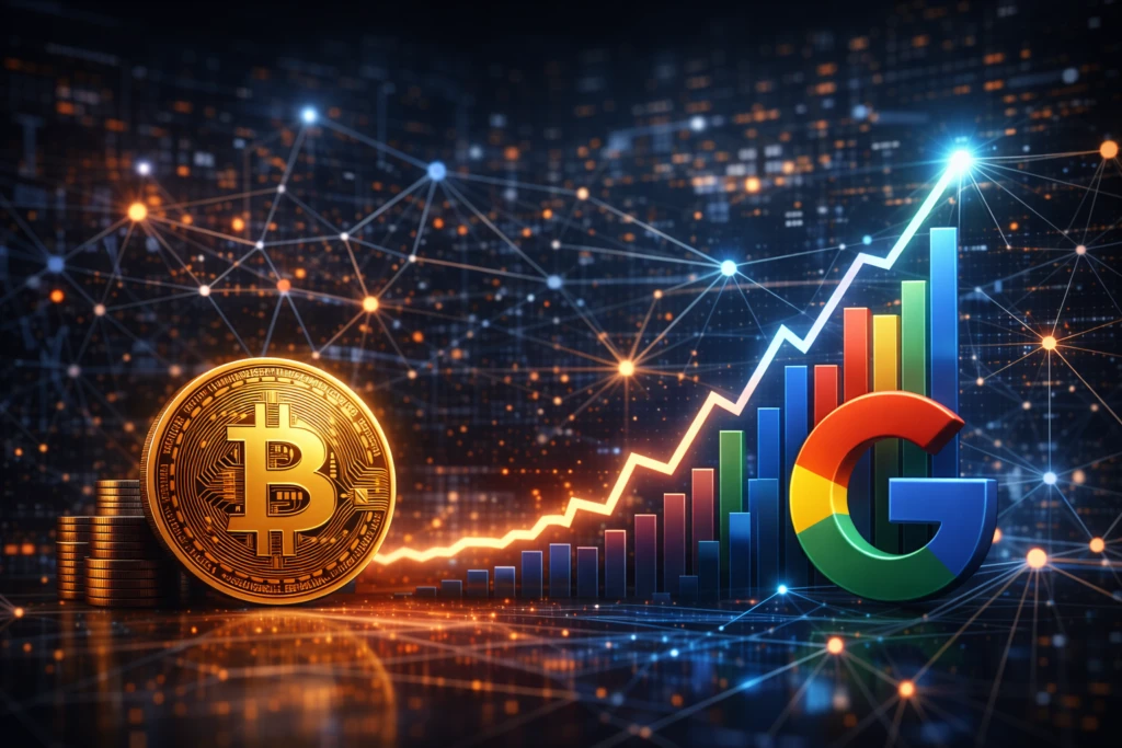 Ilustración hiperrealista con gráfico de búsqueda digital y entorno tecnológico blockchain que refleja miedo en el mercado cripto