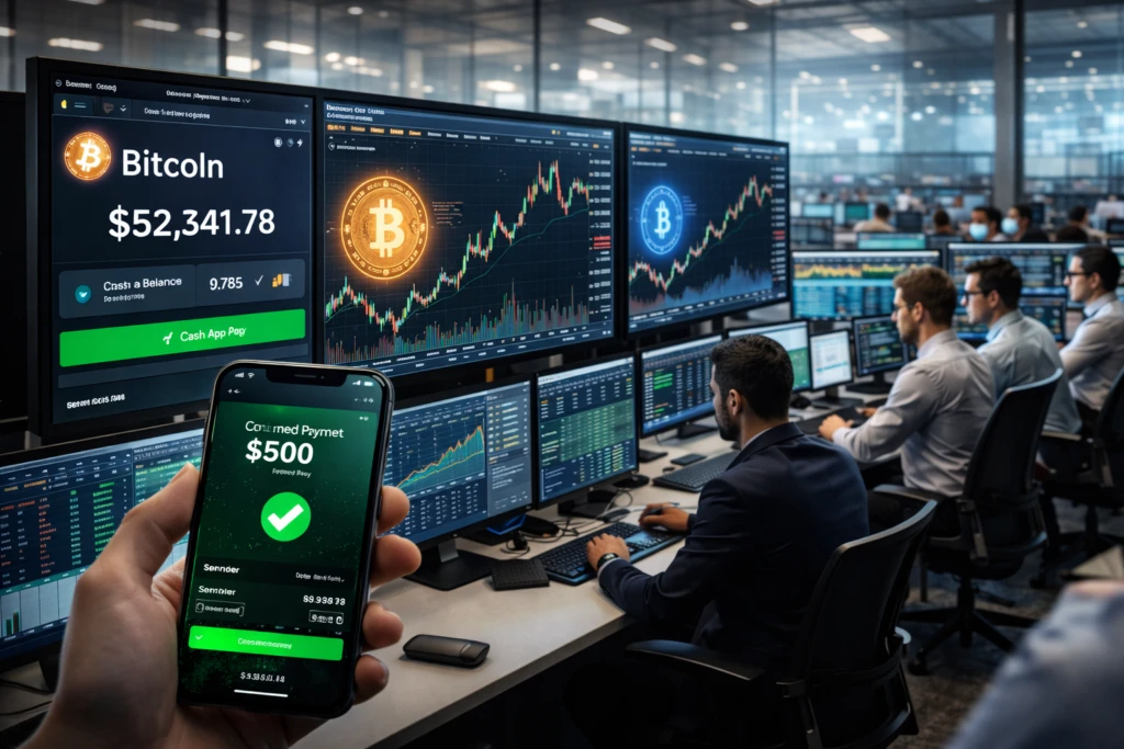 Oficina fintech en Estados Unidos con pantallas financieras y aplicación de pagos digitales mientras Block ejecuta recortes de plantilla tras crecer en Bitcoin.