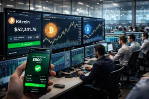 Oficina fintech en Estados Unidos con pantallas financieras y aplicación de pagos digitales mientras Block ejecuta recortes de plantilla tras crecer en Bitcoin.