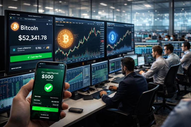 Oficina fintech en Estados Unidos con pantallas financieras y aplicación de pagos digitales mientras Block ejecuta recortes de plantilla tras crecer en Bitcoin.