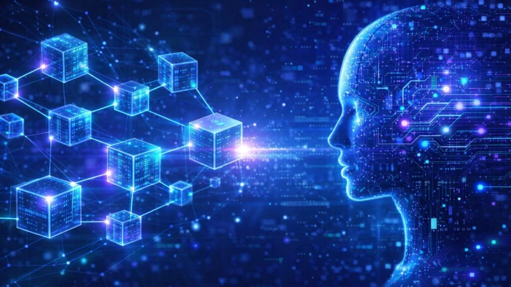 Representación visual de redes blockchain e inteligencia artificial en entorno tecnológico descentralizado