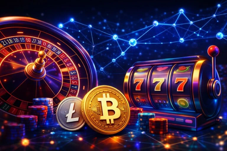 Representación editorial de un casino digital con fichas, blockchain y símbolos cripto como Bitcoin