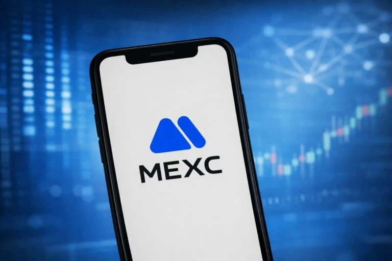 Ilustración de usuarios revisando balances de criptomonedas con gráficos de mercado y símbolo de alerta, destacando MEXC fondos congelados y control de riesgo