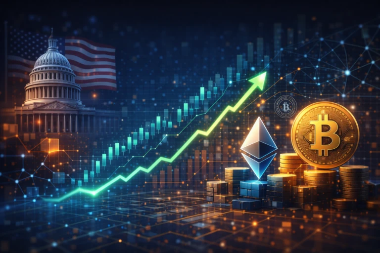 Ilustración editorial hiperrealista sobre impacto regulatorio del Clarity Act en el mercado cripto con gráficos y nodos blockchain