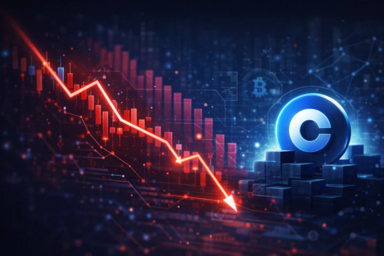 Gráfico financiero que representa pérdidas trimestrales de Coinbase tras caída del mercado de criptomonedas en EE.UU.