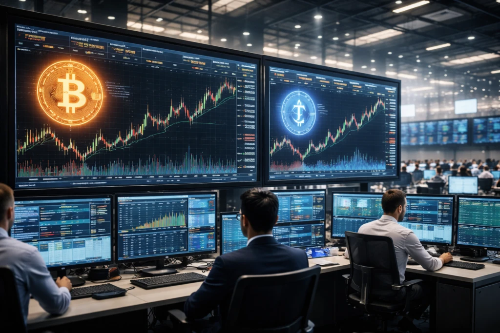 Sala de trading de CME con pantallas de futuros de Bitcoin y Ether ilustrando lanzamiento de derivados cripto 24/7 en Estados Unidos.