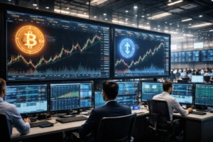 Sala de trading de CME con pantallas de futuros de Bitcoin y Ether ilustrando lanzamiento de derivados cripto 24/7 en Estados Unidos.