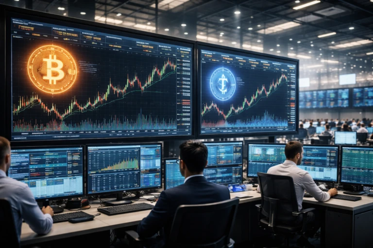 Sala de trading de CME con pantallas de futuros de Bitcoin y Ether ilustrando lanzamiento de derivados cripto 24/7 en Estados Unidos.