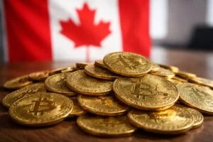Fotografía editorial de monedas de Bitcoin apiladas con bandera de Canadá al fondo, en referencia a la custodia cripto